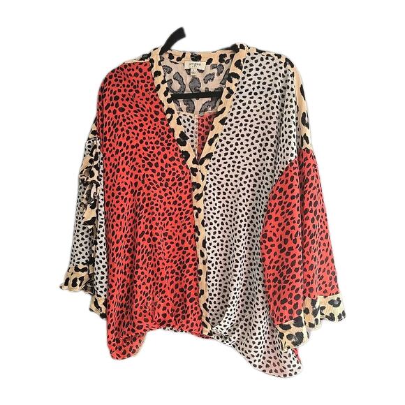 UMGEE Beige Mixed Animal Print Surplice Neck Split Sleeve Top Womans Size Large - Picture 1 of 6